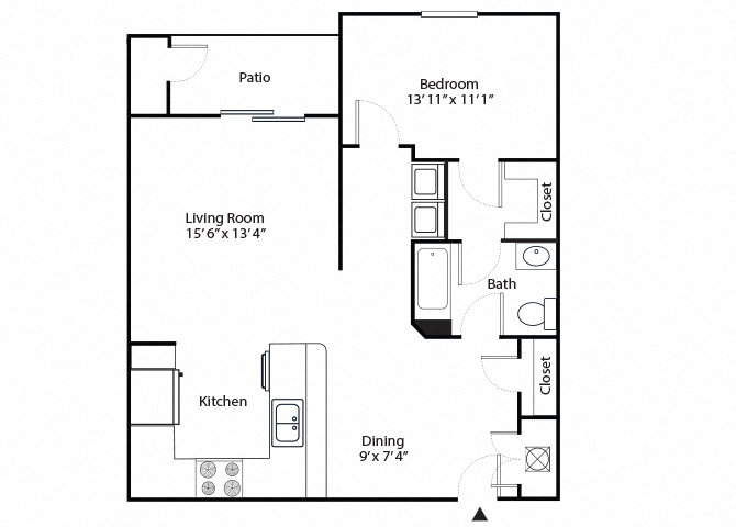 Floor plan for 1 bed, 1 bath, 801 sqft